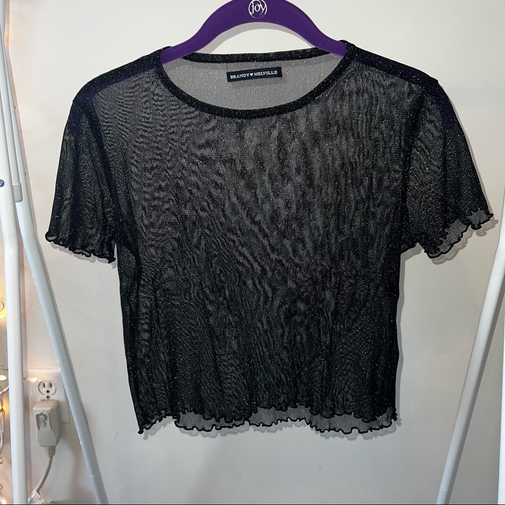 Brandy Melville Black Sheer Sparkly Silver Cropped T Shirt